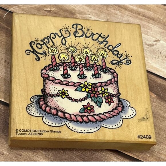 COMOTION # 2409 BIRTHDAY CAKE WOOD MOUNTED RUBBER STAMP - Picture 1 of 6